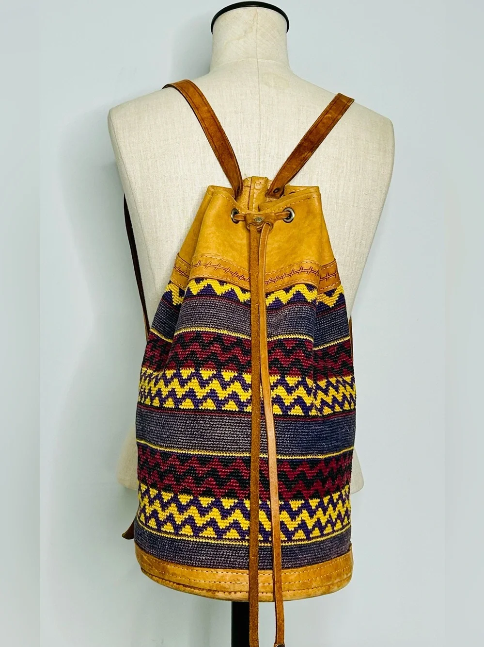 Vintage Handwoven Kilim Backpack Bucket Bag, Drawstring, Tribal Pattern, Leather